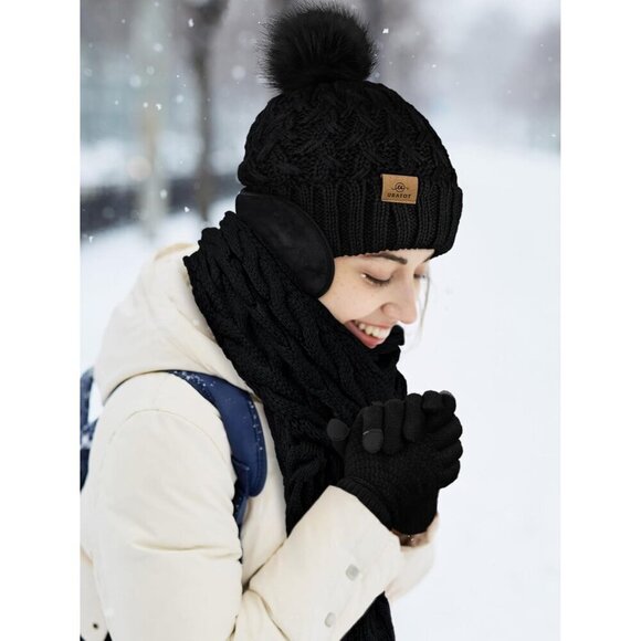 Winter Warm Knitted 4-in-1 Set Hat Scarf Gloves Ear Warmer Men Women